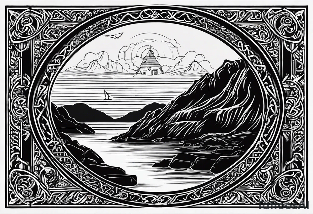 Design me a tattoo for an upper left arm half sleeve, with the script "Áit éigin taobh thall den farraige, áit éigin ag fanacht dom" and I was thinking originally to be over a coast scene (image uploaded) from a special place. Make it in the style of Viking or celtic designs incorporated into the design with a rune, but the text is a must tattoo idea