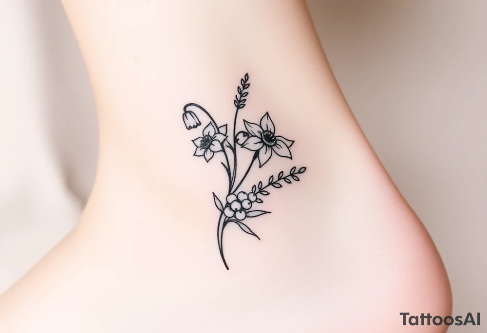 Bouquet of birth months flowers Lilly of the valley, daffodil, larkspur and Ilex aquifolium with berries tattoo idea