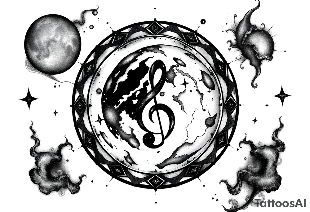 system of the universe with earth and a clef for my love to music, I am zodiac auqarius and my child is the best tattoo idea