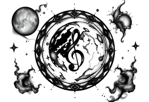 system of the universe with earth and a clef for my love to music, I am zodiac auqarius and my child is the best tattoo idea