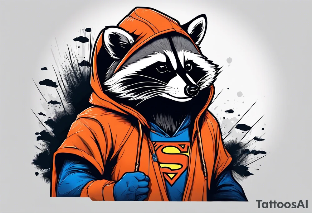 Raccoon wearing an orange Superman hoodie tattoo idea