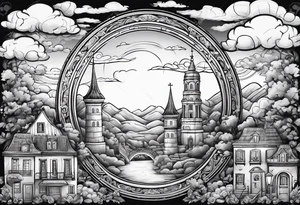 heaven summer town with tower houses gate entrance 
 in circle transparent clouds  vignette tattoo ink tattoo idea