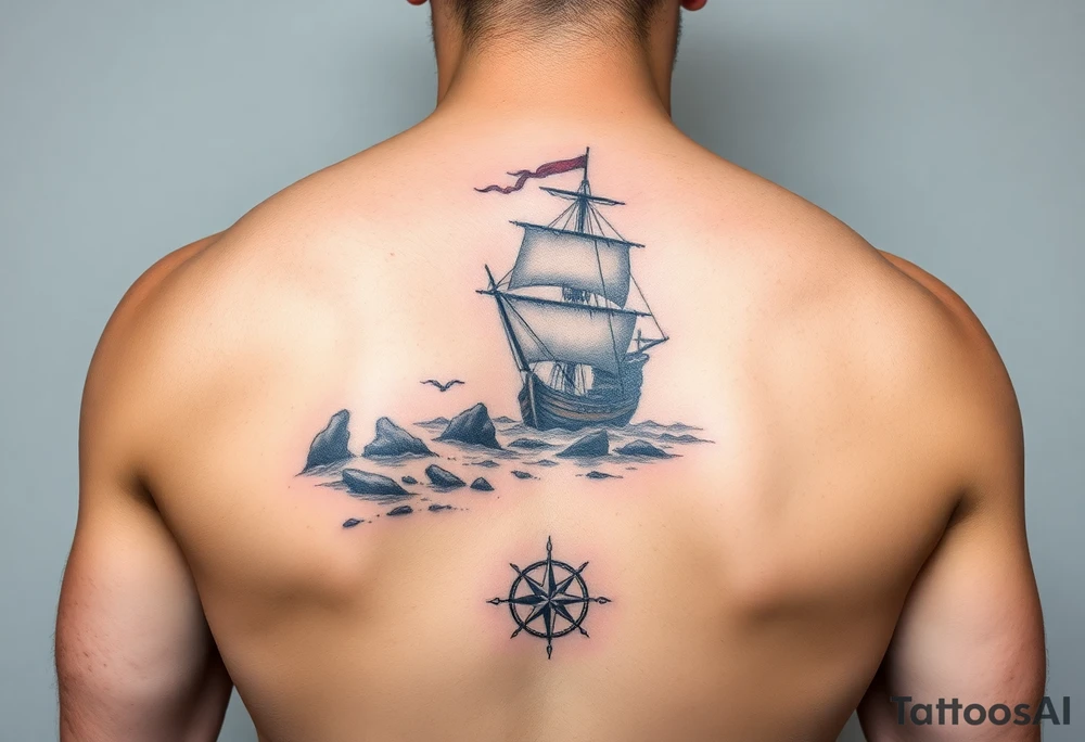 A tattered galleon ship sailing toward a stormy and rocky shore and a compass pointing home tattoo idea