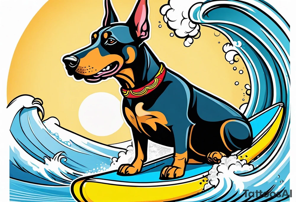doberman smoking a cigar on a surfboard tattoo idea
