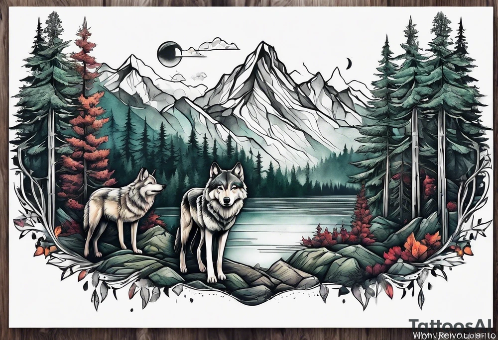 Forest and mountains in wolf body tattoo idea
