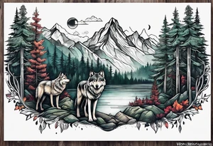 Forest and mountains in wolf body tattoo idea