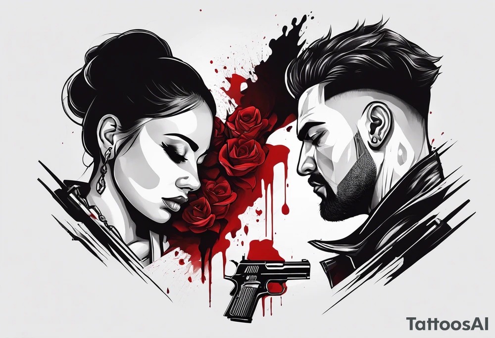 In the reflection of a eye crying blood two black siloets of people holding guns one man dead on the ground with a wounded woman standing behind him tattoo idea