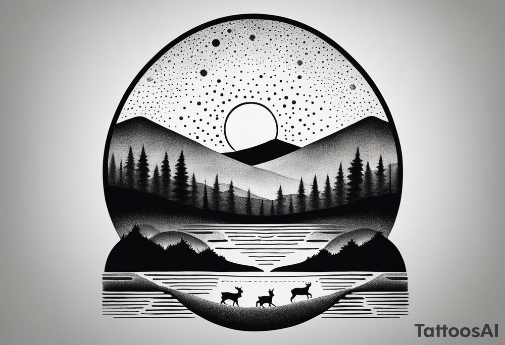 “Generate a minimalist tattoo showcasing a symmetrical scene of rolling hills and a rising sun, with small animals like deer or foxes incorporated into the design. tattoo idea