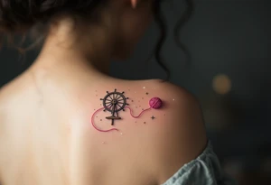 A storybook spinning wheel used for making yarn with an enchanted twist, floating mid-air, spinning thread with pinky yarn, surrounded by sparkling stars and silver dust (no glow effect). tattoo idea