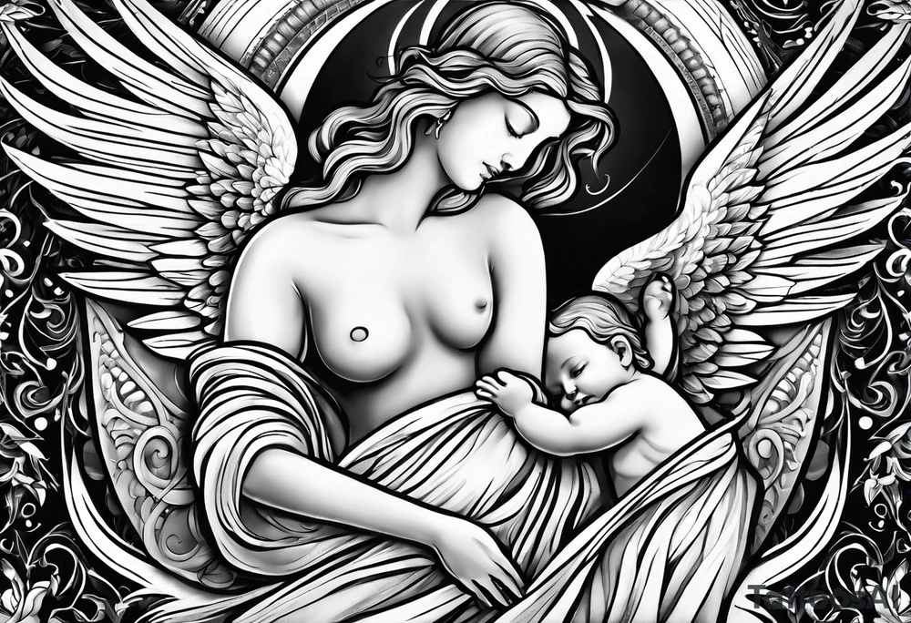Birth date of my son, touch of god, angels, wife hands, full outside sleeve tattoo idea