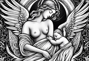 Birth date of my son, touch of god, angels, wife hands, full outside sleeve tattoo idea