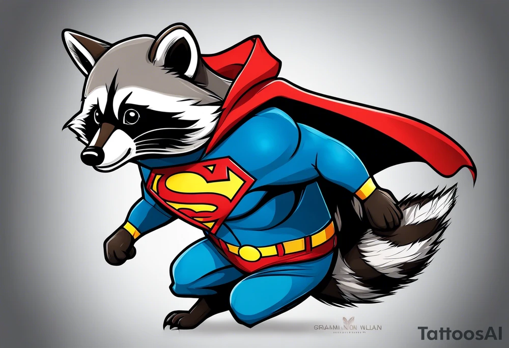 raccoon wearing a Superman hoodie tattoo idea