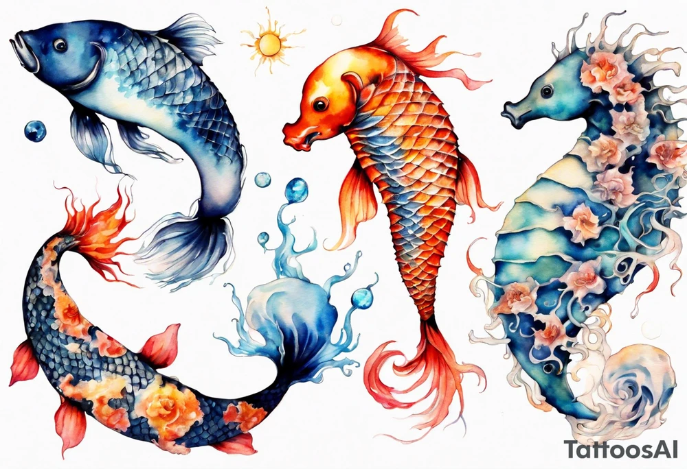 koi carp, jellyfish and a seahorse with the moon together tattoo idea