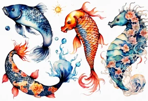 koi carp, jellyfish and a seahorse with the moon together tattoo idea