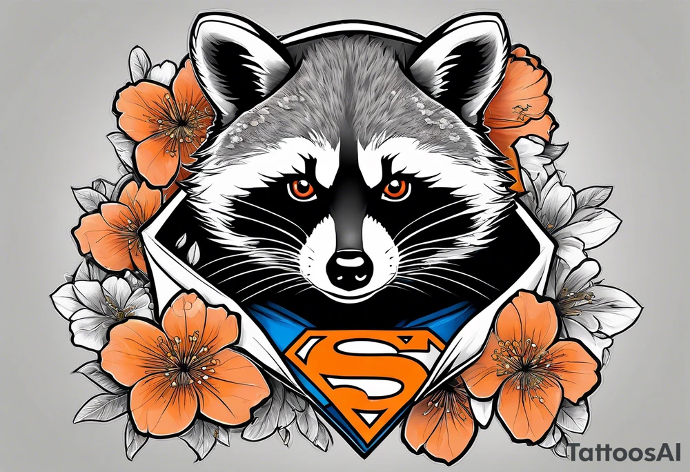 raccoon wearing a black and white Superman hoodie and orange Japanese cherry blossoms tattoo idea