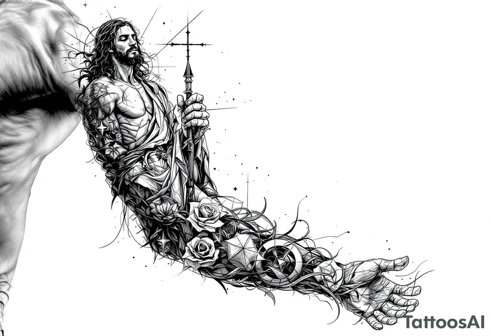 full sleeve arm tattoo of jesus timeline of life tattoo idea