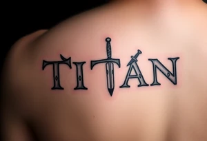 Name ‘Titan’ with birthday, Greek mythology inspired font with mini swords the T in Titan is a sword with cherry blossoms tattoo idea
