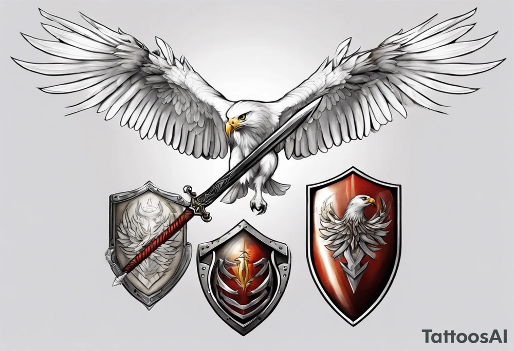 A white hawk with a sword and shield tattoo idea