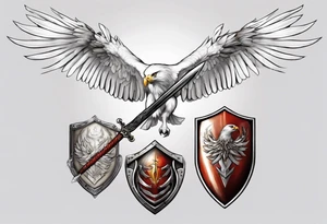 A white hawk with a sword and shield tattoo idea