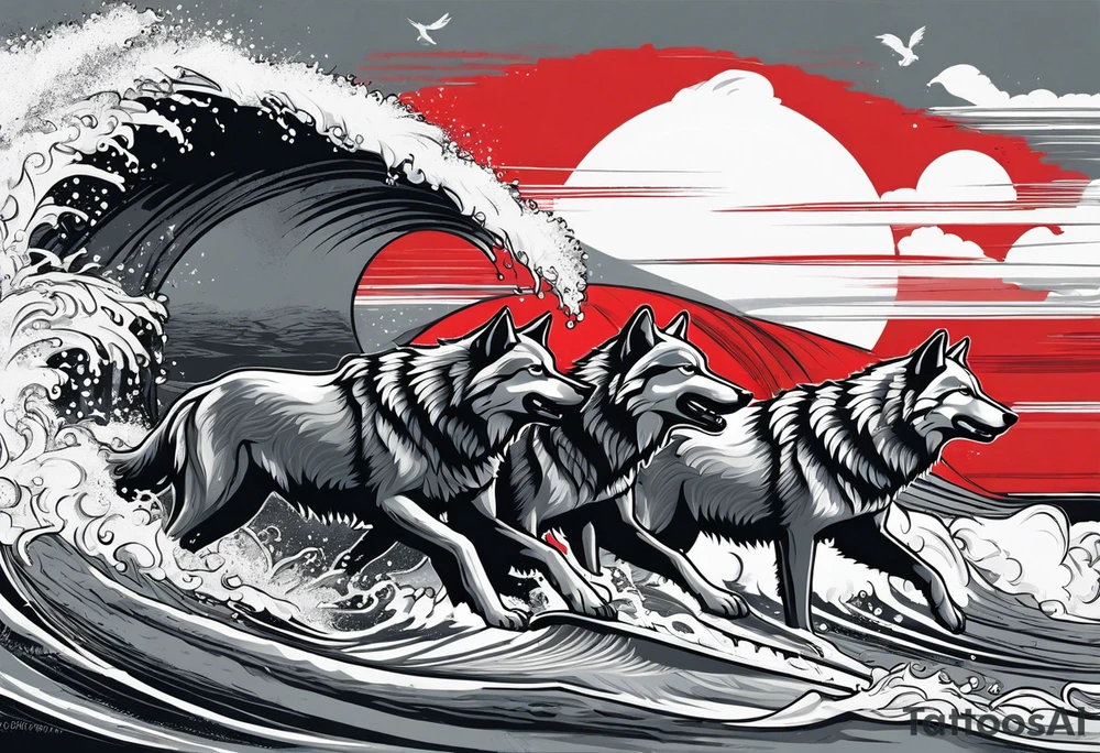 a pack of howling muscular  gray wolves surfing with a tropical background with red white and black and gray tattoo idea