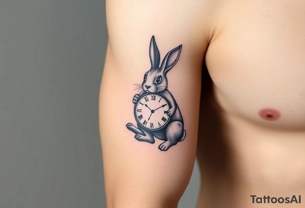 Geometrical rabbit holding a clock tattoo idea