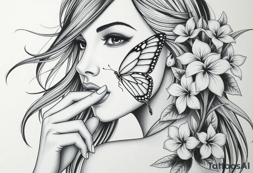 Womens Face wuth her fi ger to her lips like saying ve quiet with her long long hair flowing in the wind but ontop of her instead of her having eyes she the lower part of a butterfly as  a blind fold around that butterfly medium and small and very small butterflys and bush of Beautiful pink plumeria found in Kaimuki, on the island of Oahu. And leafs that would bee seen with these flowers tattoo idea