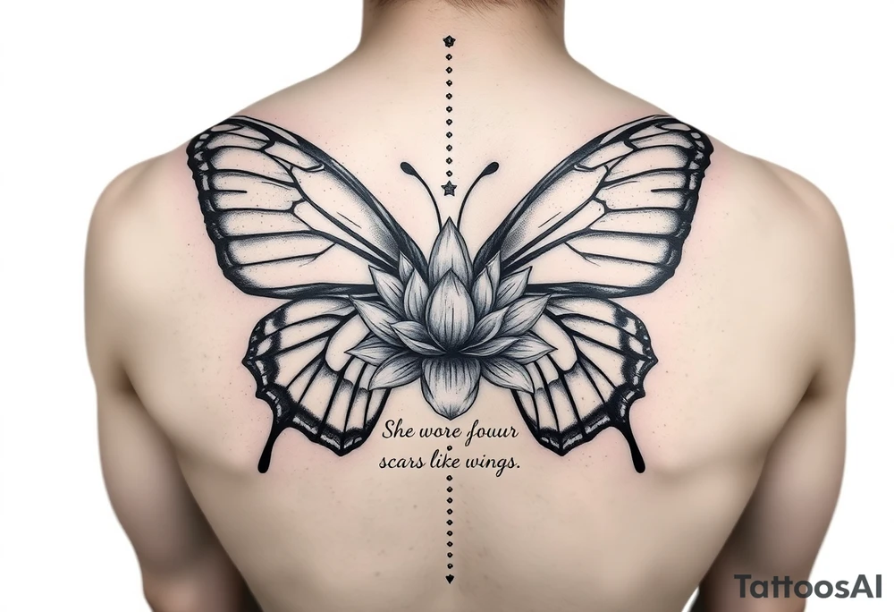 butterfly with cracked wings and lotus flower with quote that says “she wore her scars like wings” all down spine but very elegant tattoo idea