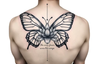 butterfly with cracked wings and lotus flower with quote that says “she wore her scars like wings” all down spine but very elegant tattoo idea