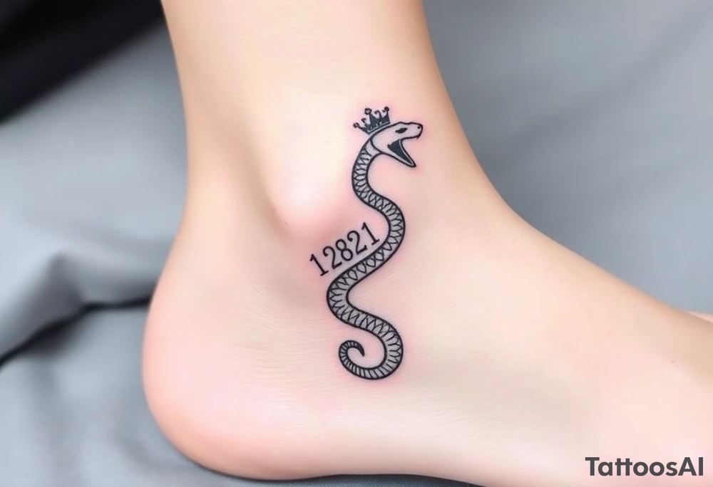 I want a small simple silhouette lines black and white wrist princess like girl snake tattoo that has number 12821 on its body along and also I want it to represent feminine energy crown queen Cycle tattoo idea