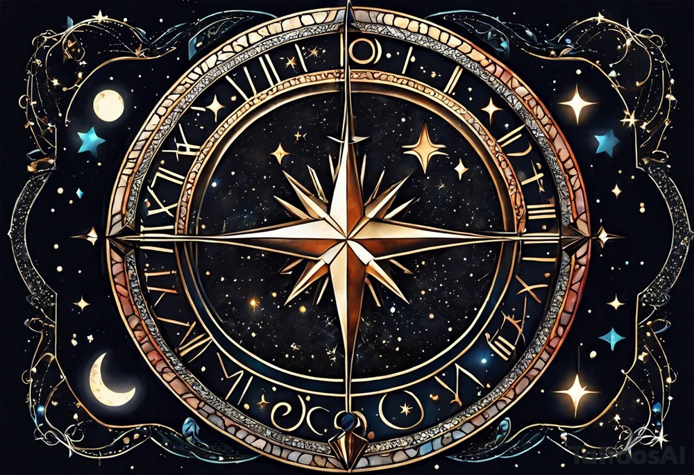 Matter, energy, space, time with an old stone theta symbol and a star-filled night in the background with a Scorpio constellation tattoo idea