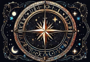 Matter, energy, space, time with an old stone theta symbol and a star-filled night in the background with a Scorpio constellation tattoo idea