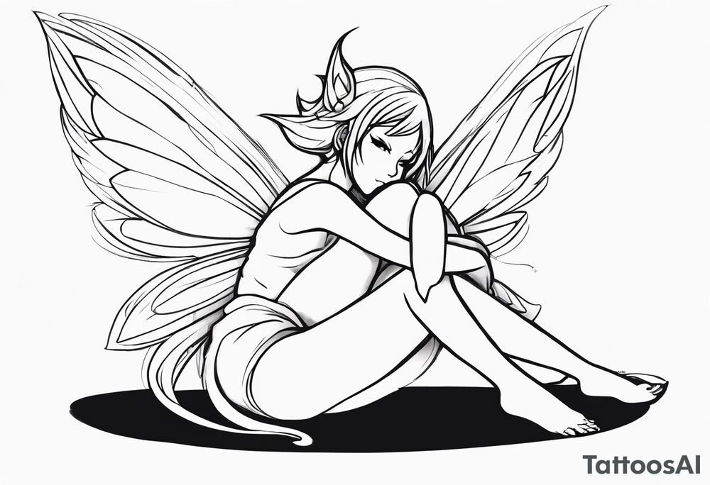 No color sketch of a fairy with a tail inspired by the guild symbol in the anime show called Fairy Tail in a fetal position leaning forward while crawled in hugging herself with hands a bit forward and her body is an angle while floating in the air tattoo idea