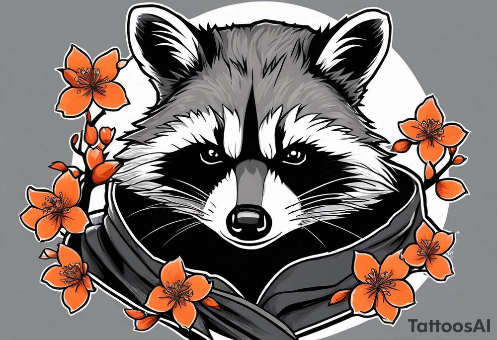 Raccoon wearing a white Superman logo on a black hoodie and orange Japanese cherry blossoms tattoo idea