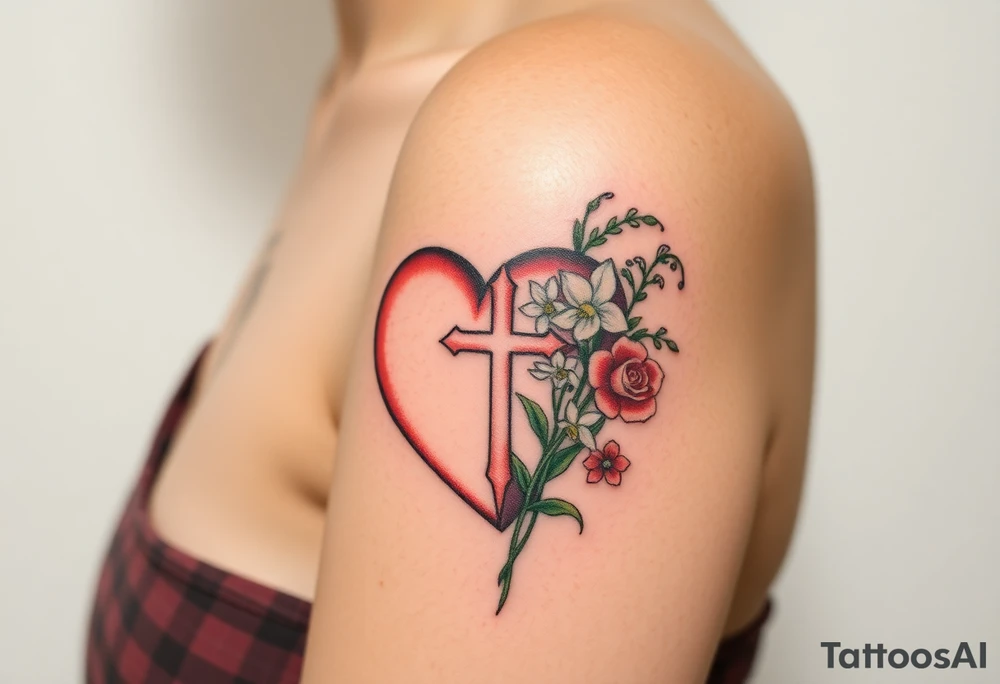 tattoo with heart
: one side representing death and the other life. (from death to life) with a simple cross down the middle. The life side I'd like the following flowers growing out of it: Morning Glory, Lily of the Valley, Daffodil, Rose, Poppy, and Iris tattoo idea