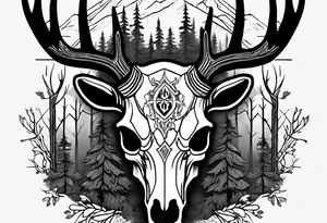 A frightening horror DECAYING deer skull JUST BONE surrounded by a forest fire in background tattoo idea