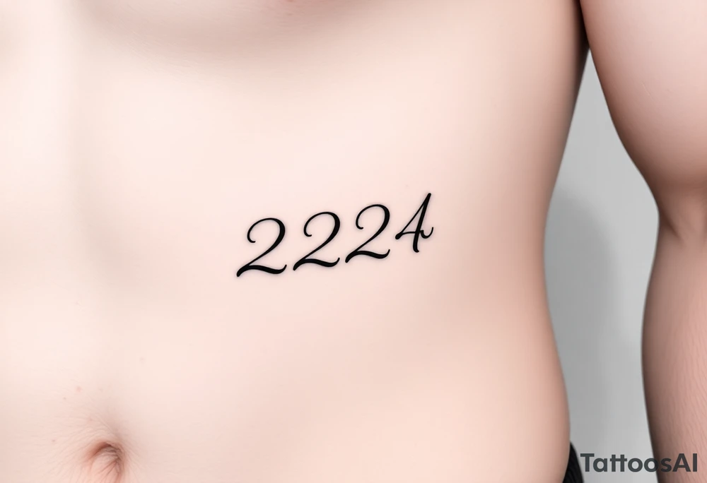 224 tattoo on ribcage under chest left side an elegant handwritten calligraphy style. The digits are slightly italicized with a smooth flowing script. The lines are clean, refined, and slightly bold at the base, giving a subtle brush-pen effect. tattoo idea
