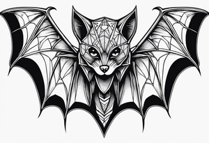 Bat, cat Head, upside down, wings made of spider web, wings wide open tattoo idea