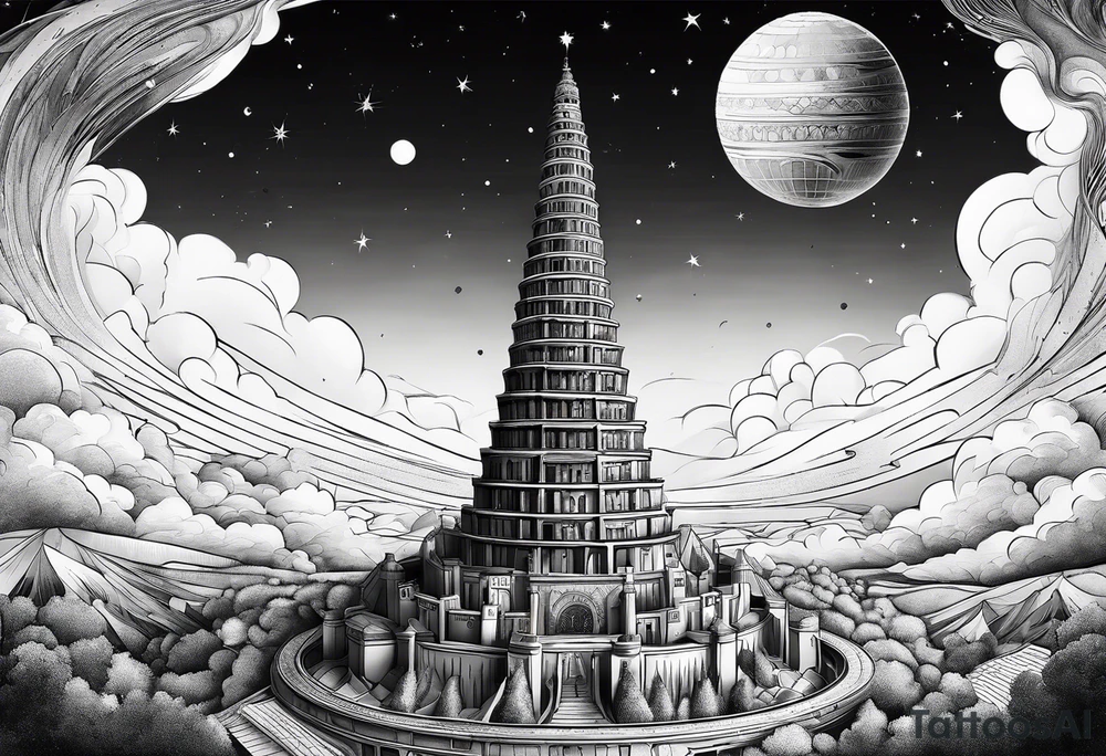 Babel tower with a cosmic background tattoo idea