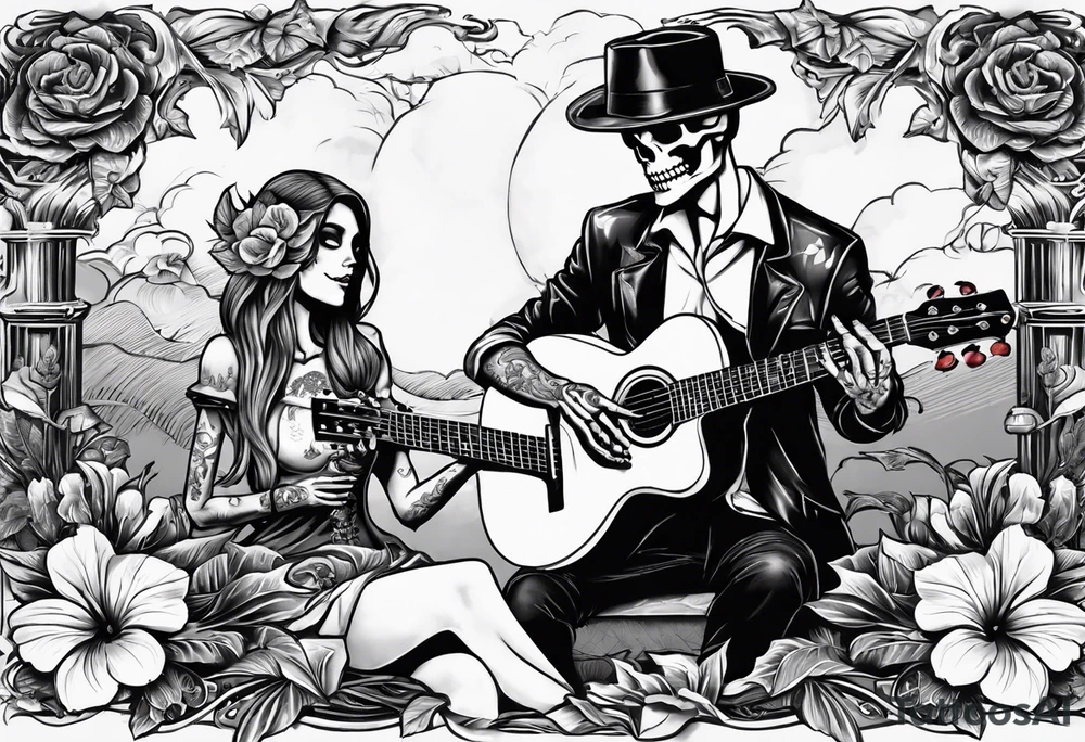 a female skeleton holding a hibiscus flower and a male skeleton playing a guitar. The scene should capture a moment of connection between the two, with the female skeleton attentively listening to the music played by the male skeleton. tattoo idea