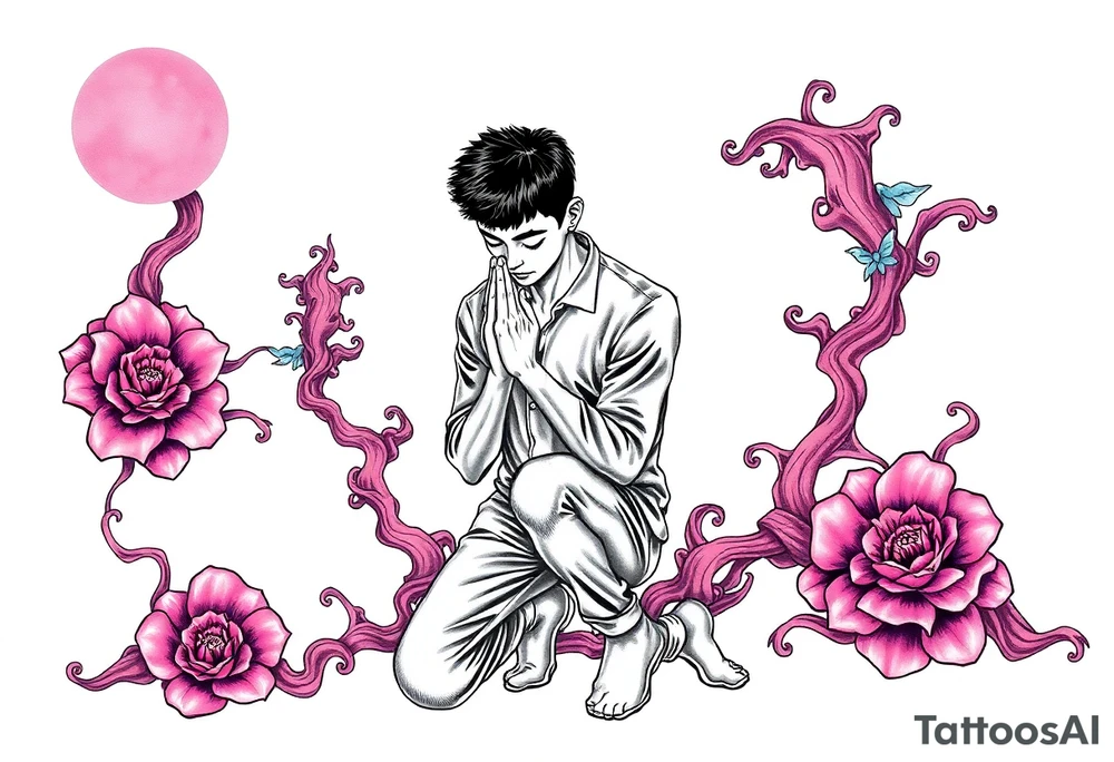 Handsome Asian young guy is standing on his knees apologising tattoo idea