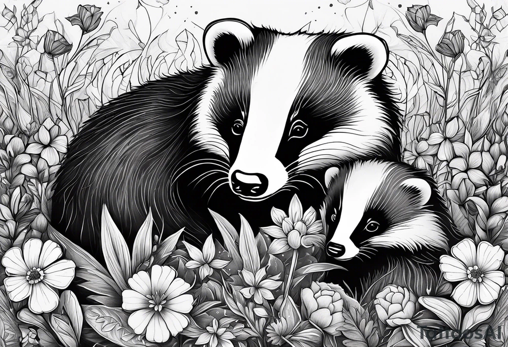 A badger with a cub in a field of flowers, including an open fireplace and a cannabis leaf realistic in center and getting more trippy towards the edges tattoo idea