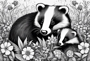 A badger with a cub in a field of flowers, including an open fireplace and a cannabis leaf realistic in center and getting more trippy towards the edges tattoo idea