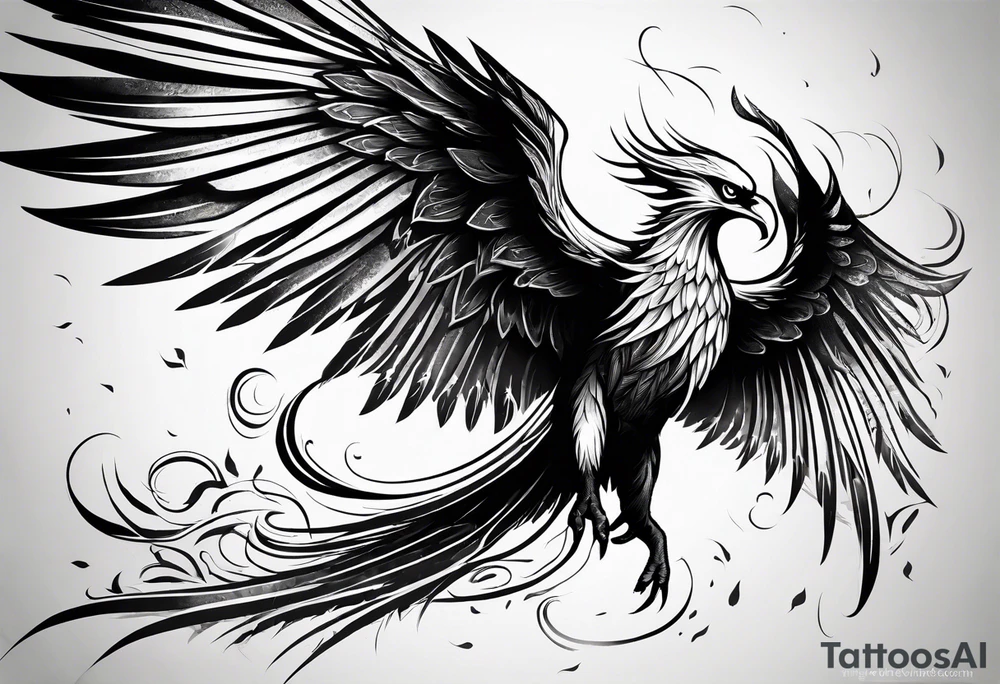 a phoenix rising from the ashes, with an angel opening its wings on the background tattoo idea