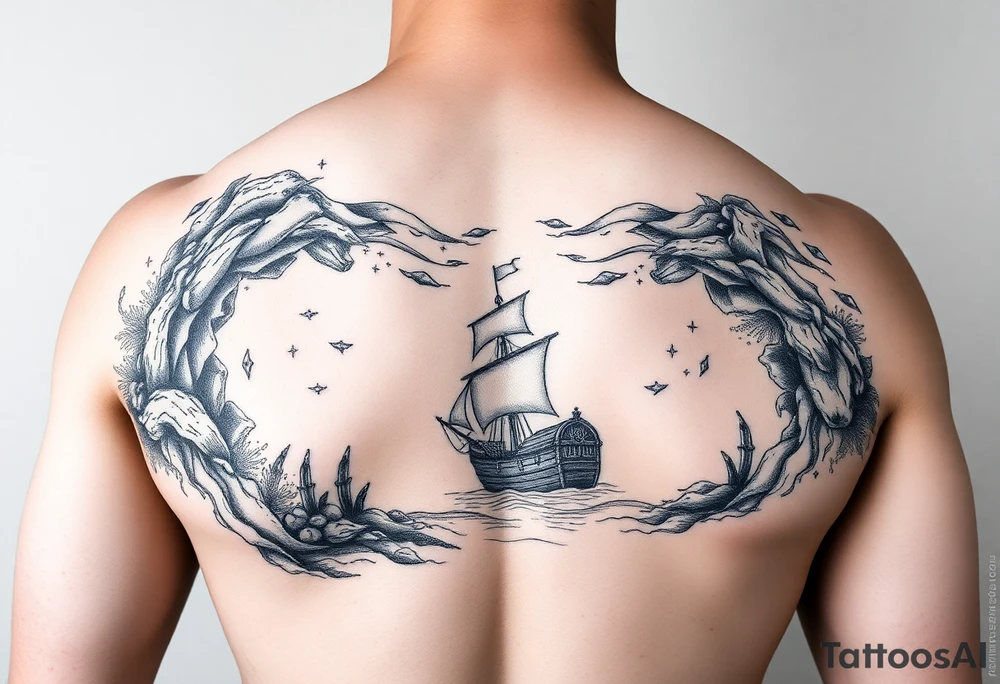Underwater Atlantis with sunken ship and treasure chest arm sleeve tattoo idea
