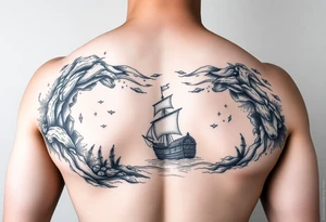 Underwater Atlantis with sunken ship and treasure chest arm sleeve tattoo idea