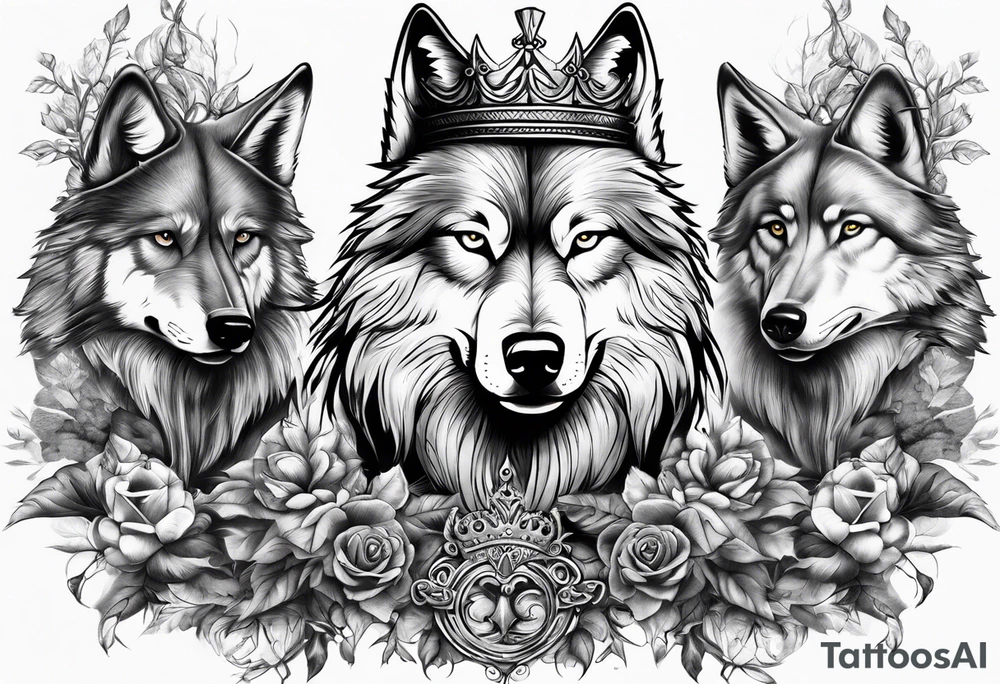 Create a vision of arm tattoo sleeve with combination of sword, crown, tree and three wolves to represent clients family roots tattoo idea