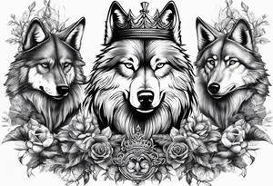 Create a vision of arm tattoo sleeve with combination of sword, crown, tree and three wolves to represent clients family roots tattoo idea