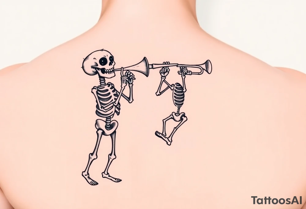 Two cartoon skeletons playing music together with trombone and trumpet tattoo idea