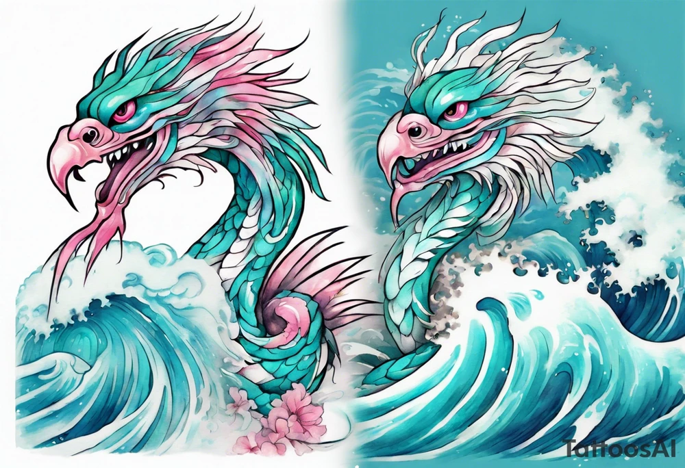 a turquoise and white and pink sea Quetzalcoatl with beautiful eyes emerging from the blue waves of the ocean tattoo idea
