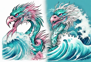 a turquoise and white and pink sea Quetzalcoatl with beautiful eyes emerging from the blue waves of the ocean tattoo idea